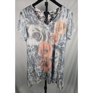 Floral Mesh Lace Top Sz L Rhinestone Roses Handkerchief Hem Whimsigoth Fairy